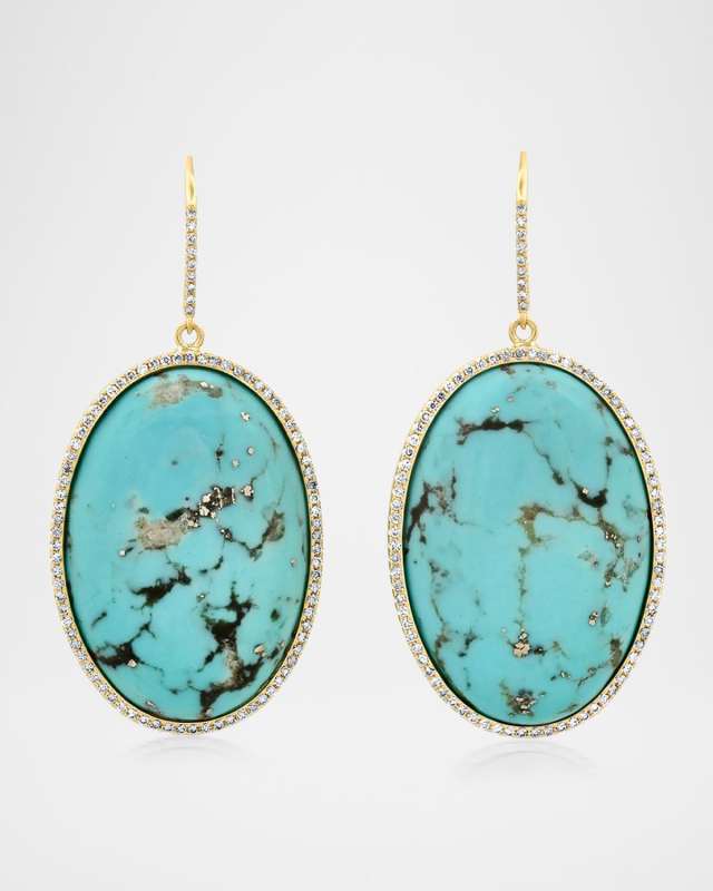 One of a Kind 18K Yellow Gold Large Oval Cabochon Earrings with Turquoise and Diamonds